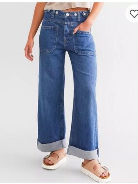 WE THE FREE Free People Palmer Wide Leg Cuffed High-Rise Jeans - Dark Blue 27